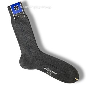 Vintage Yves Saint Laurent Men’s Logo Dress Socks In Grey & Navy Stripe
